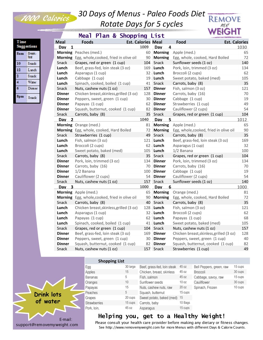 1000 Calories 30 Day Paleo Diet With Shoppong List Printable Menu